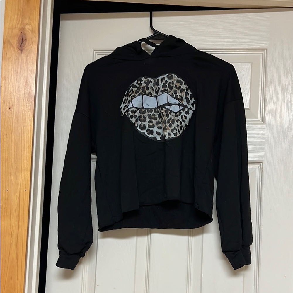 Black Hoodie with Leopard Print Lips